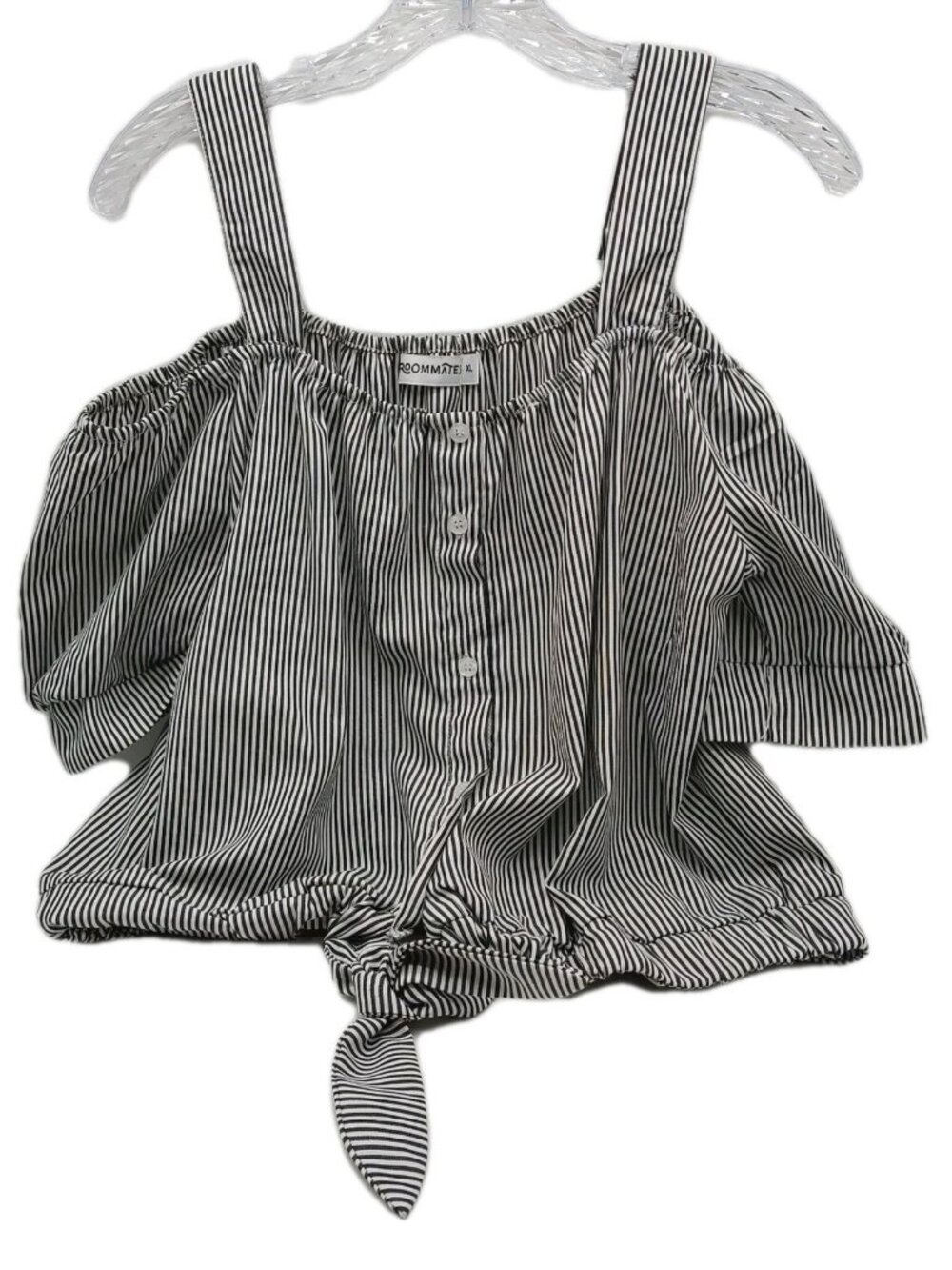 Roommates Shirt Size XL Med Black Striped Cold Shoulder Crop Bell Sleeves